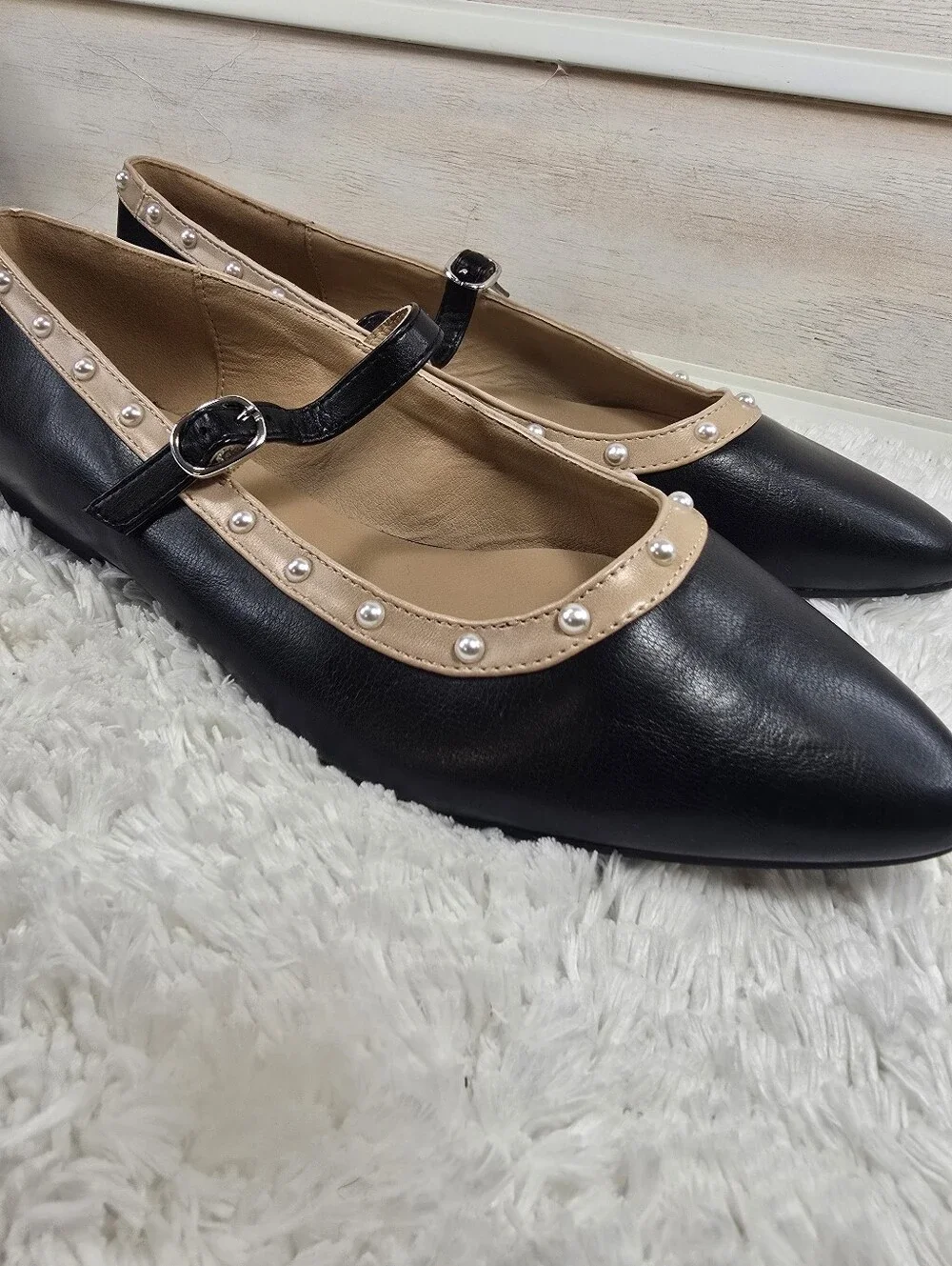 MICHAEL Michael Kors Black Mary Jane Flats with Pearl-Trim Beige Trim_7
